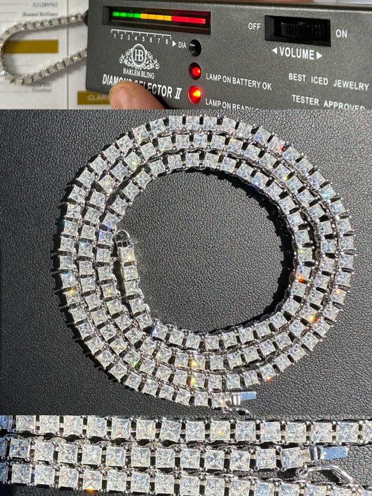 HarlemBling REAL 3mm MOISSANITE Princess Cut Square Tennis Chain Necklace 925 Silver Hip Hop