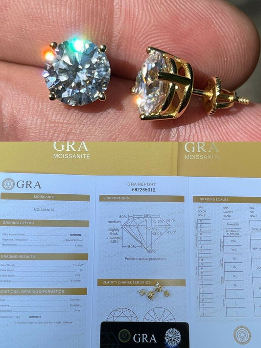 HarlemBling Real 4ct TW Moissanite Solitaire Stud Earrings 14k Gold Vermeil - GRA D VVS1 8mm