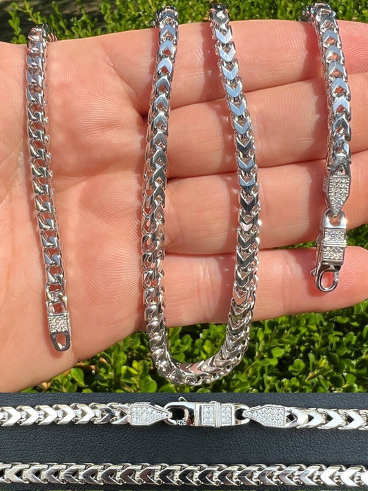 HarlemBling Real 5mm Franco Chain Necklace Bracelet Solid 925 Silver Iced MOISSANITE Clasp