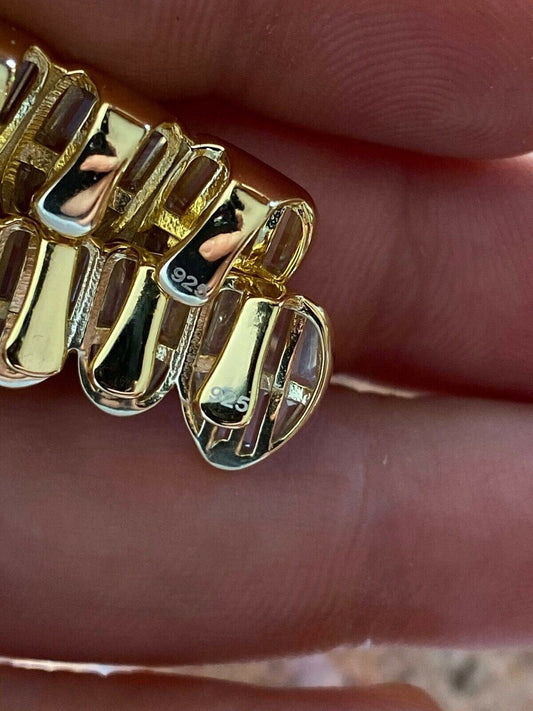 HarlemBling Real 925 Silver 14k Gold Finish ICED Baguette Diamond GRILLZ Teeth Fronts Grills