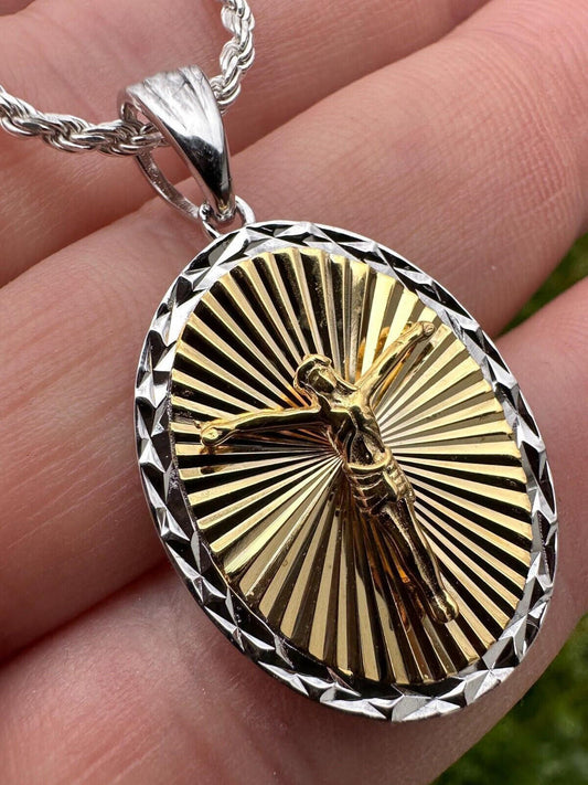 HarlemBling Real 925 Silver 14k Gold Plated Jesus Medallion Pendant Diamond Cut Necklace