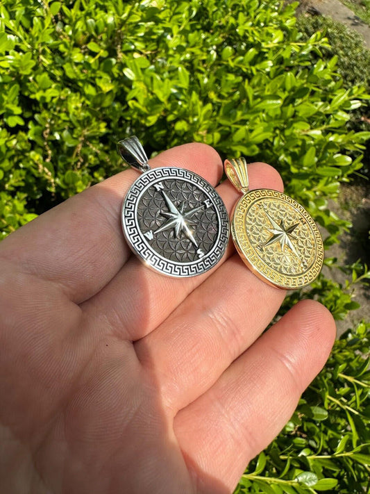 HarlemBling Real 925 Silver / 14k Gold Plated North Star Compass Medallion Pendant Necklace