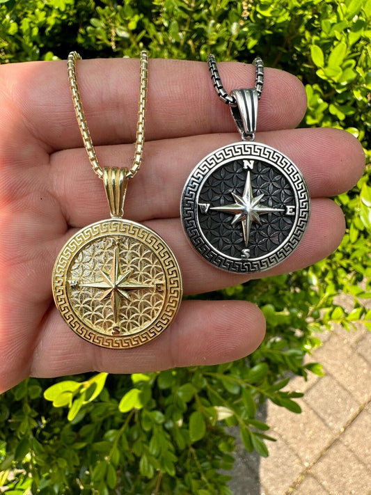 HarlemBling Real 925 Silver / 14k Gold Plated North Star Compass Medallion Pendant Necklace