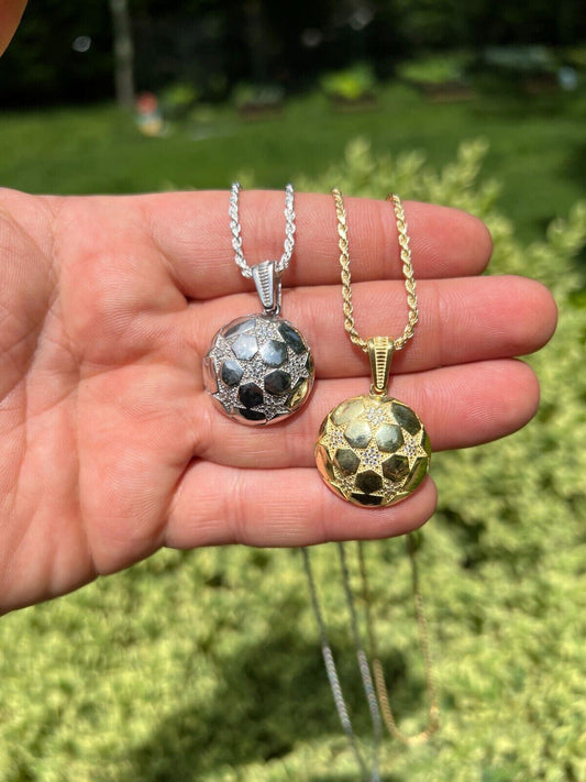 HarlemBling Real 925 Silver / 14k Gold Plated Soccer Ball Futbol Star Pendant Necklace Iced