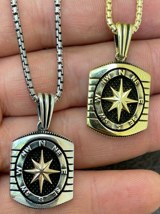 HarlemBling Real 925 Silver and 14k Gold Navigation Nautical Star Compass Pendant Necklace