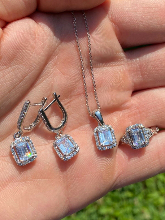 HarlemBling Real 925 Silver Baguette Diamond Ring Pendant Necklace and Earrings Jewelry Set