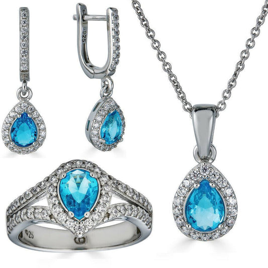 HarlemBling Real 925 Silver Blue Aquamarine Diamond Ring Necklace Earrings Girls Jewelry Set
