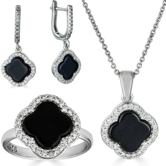 HarlemBling Real 925 Silver Four Leaf Clover Black Onyx Ring Necklace and Earrings Ladies Set