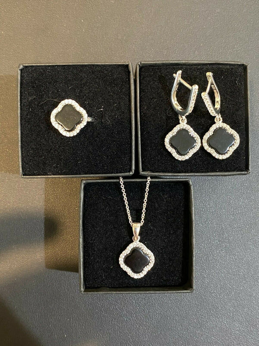 HarlemBling Real 925 Silver Four Leaf Clover Black Onyx Ring Necklace and Earrings Ladies Set