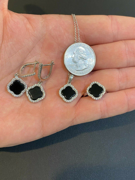 HarlemBling Real 925 Silver Four Leaf Clover Black Onyx Ring Necklace and Earrings Ladies Set