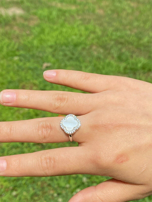 HarlemBling Real 925 Silver Four Leaf Clover Mother Of Pearl Ring Necklace and Earrings Ladies