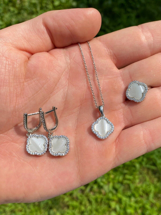 HarlemBling Real 925 Silver Four Leaf Clover Mother Of Pearl Ring Necklace and Earrings Ladies