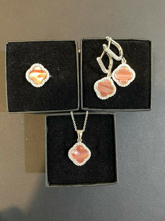 HarlemBling Real 925 Silver Four Leaf Clover Pink Pearl Ring Necklace and Earrings Ladies Set