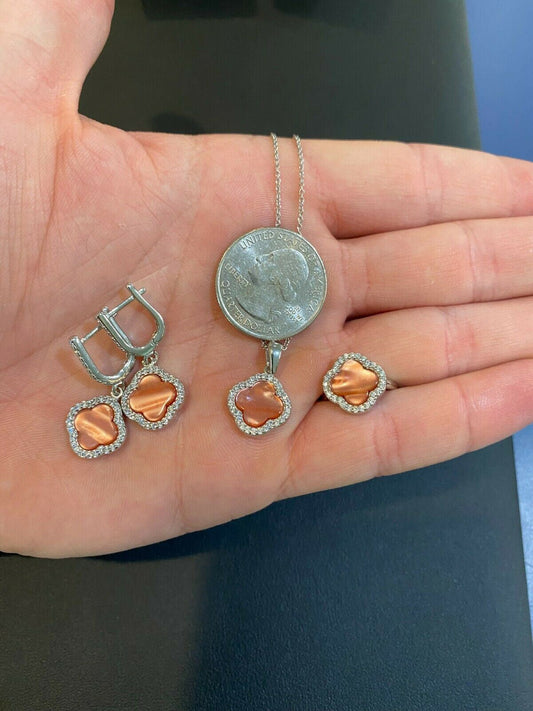 HarlemBling Real 925 Silver Four Leaf Clover Pink Pearl Ring Necklace and Earrings Ladies Set