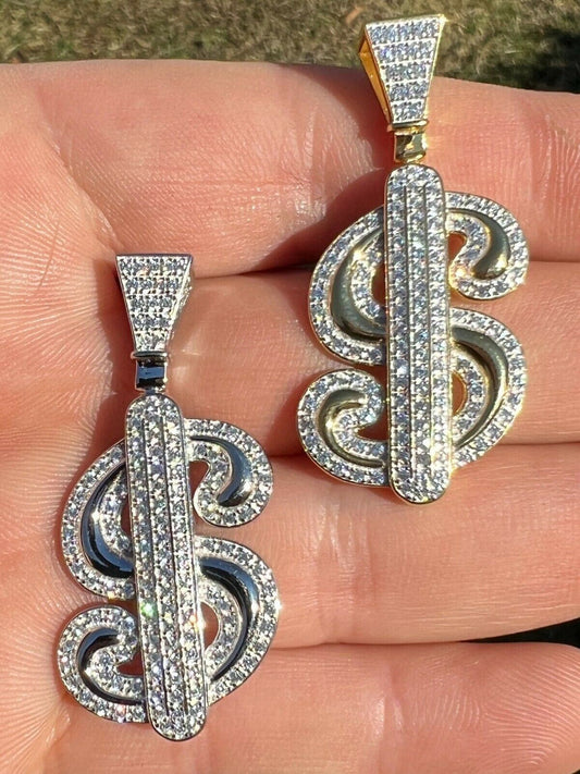 HarlemBling Real 925 Silver Gold Bling Out Iced Dollar dollar Sign Money Hip Hop Pendant Necklace