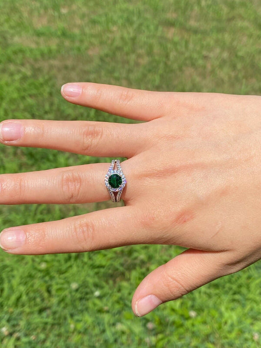 HarlemBling Real 925 Silver Green Emerald Diamond Ring Pendant Necklace Earrings Jewelry Set