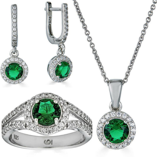 HarlemBling Real 925 Silver Green Emerald Diamond Ring Pendant Necklace Earrings Jewelry Set
