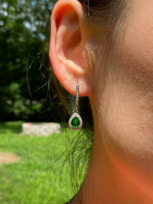 HarlemBling Real 925 Silver Green Pear Emerald Diamond Ring Pendant Necklace Earrings Set