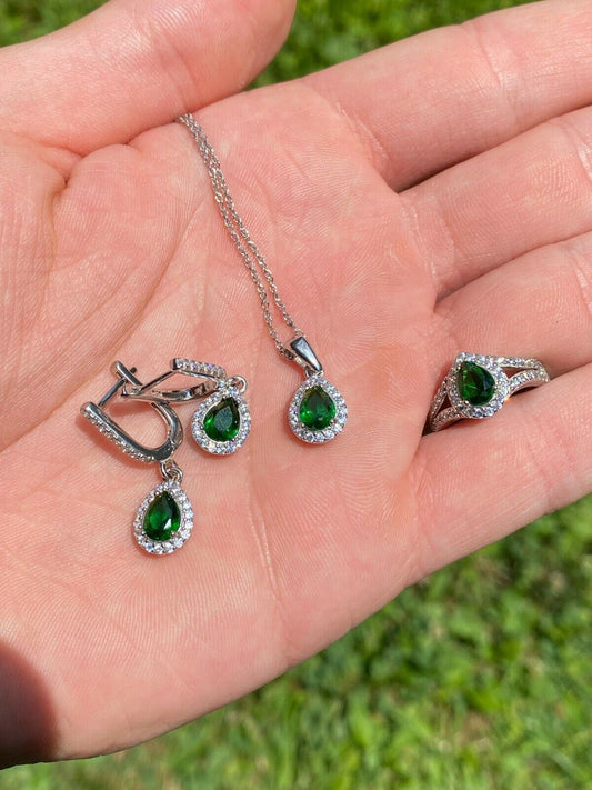 HarlemBling Real 925 Silver Green Pear Emerald Diamond Ring Pendant Necklace Earrings Set