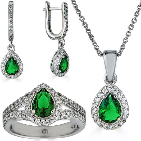 HarlemBling Real 925 Silver Green Pear Emerald Diamond Ring Pendant Necklace Earrings Set