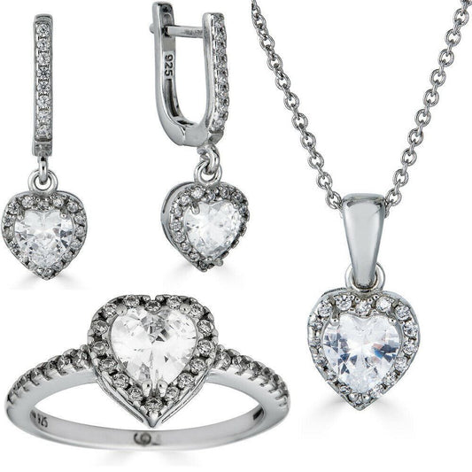 HarlemBling Real 925 Silver Heart Shaped Diamond Ring Pendant Necklace Earrings Jewelry Set