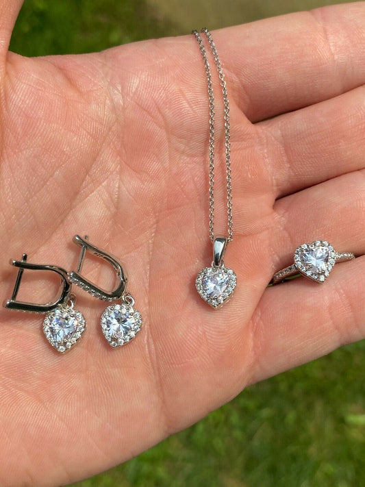 HarlemBling Real 925 Silver Heart Shaped Diamond Ring Pendant Necklace Earrings Jewelry Set