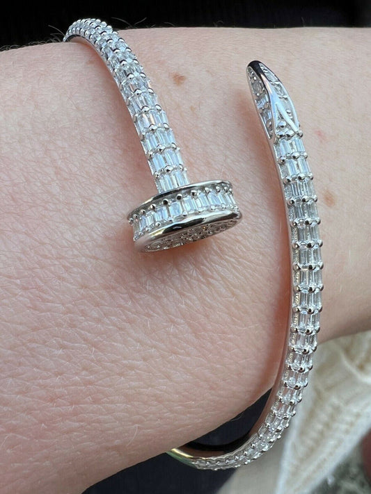 HarlemBling Real 925 Silver Iced Baguette Diamond Nail Bangle Bracelet 6-7.5 Mens Ladies