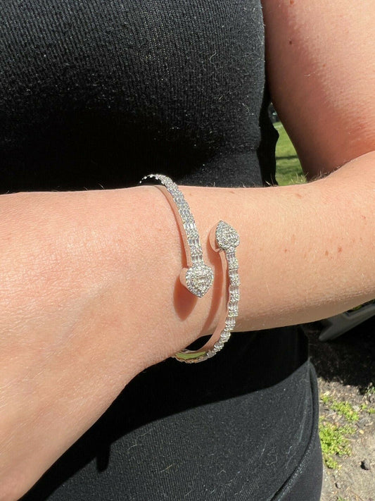 HarlemBling Real 925 Silver Iced Baguette Heart Bangle Cuff Bracelet 6-7.5 Man Made Diamond