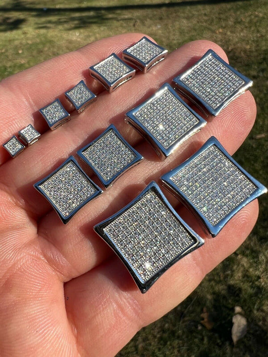 HarlemBling Real 925 Silver Iced Diamond Screwback Square Kite Earrings 4mm-18mm Mens Ladies