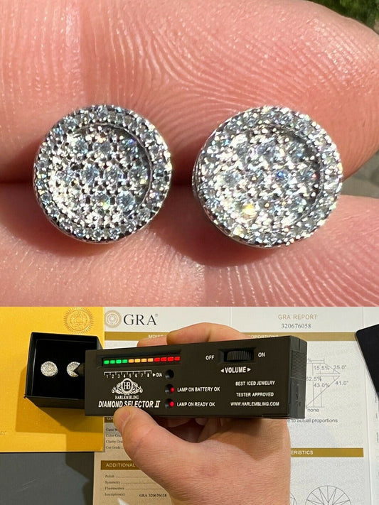 HarlemBling Real 925 Silver Iced Moissanite Hip Hop Round Earrings Studs Pass Diamond Tester
