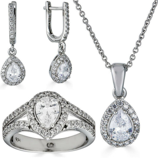 HarlemBling Real 925 Silver Pear Diamond Ring Pendant Necklace Earrings Jewelry Set Girls