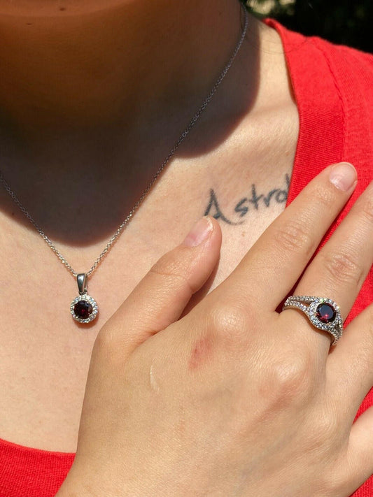 HarlemBling Real 925 Silver Red Ruby and Diamond Ring Pendant Necklace and Earrings Jewelry Set