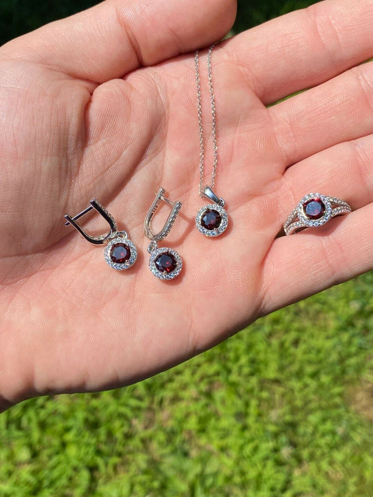 HarlemBling Real 925 Silver Red Ruby and Diamond Ring Pendant Necklace and Earrings Jewelry Set