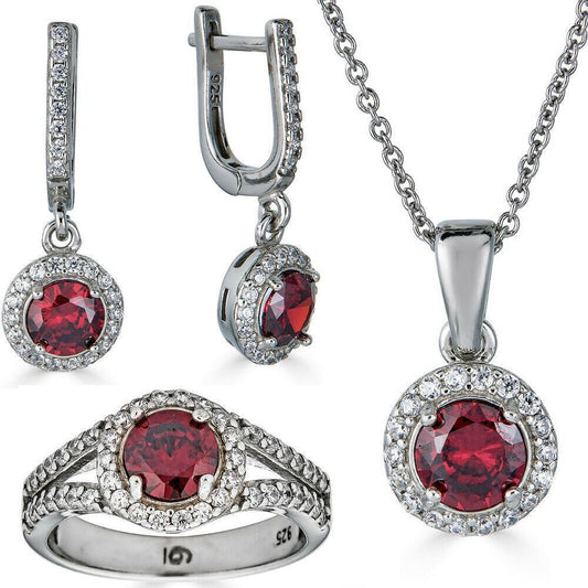 HarlemBling Real 925 Silver Red Ruby and Diamond Ring Pendant Necklace and Earrings Jewelry Set