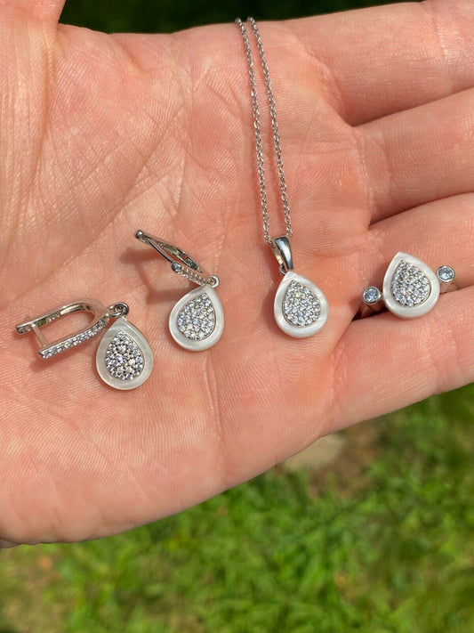 HarlemBling Real 925 Silver Teardrop Diamond Pearl Ring Necklace and Earrings Ladies Girls Set