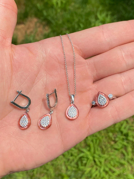 HarlemBling Real 925 Silver Teardrop Diamond Pink Pearl Ring Necklace and Earrings Girls Set