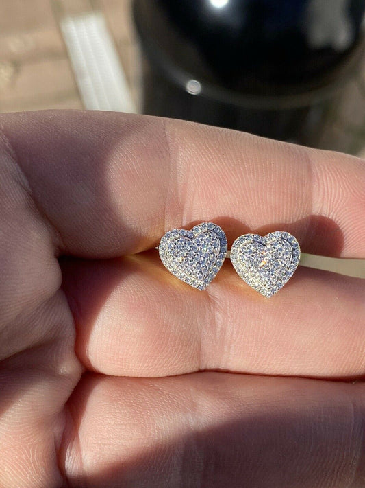 HarlemBling Real 925 Sterling Silver 14k Gold Finish Heart Shape Earrings Studs Iced Diamond