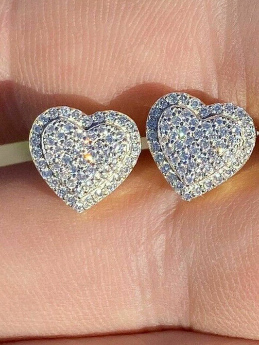 HarlemBling Real 925 Sterling Silver 14k Gold Finish Heart Shape Earrings Studs Iced Diamond