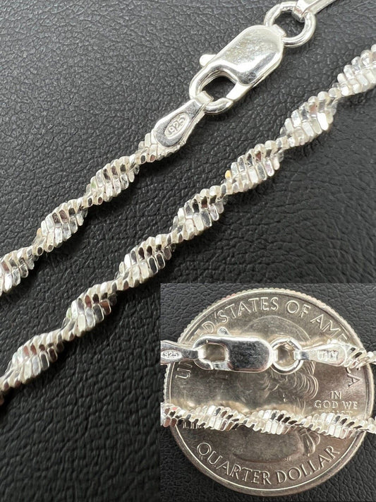 HarlemBling Real 925 Sterling Silver 2.5mm Loose Singapore Rope Chain Necklace Mens Ladies