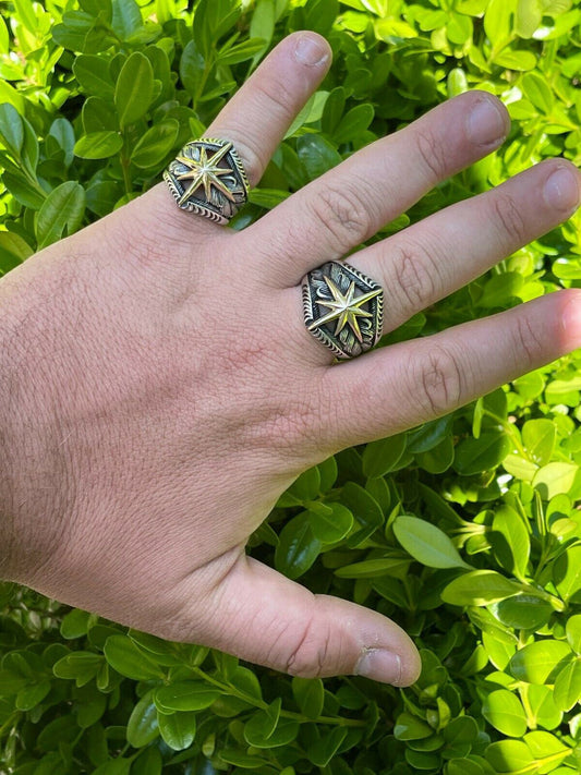 HarlemBling Real 925 Sterling Silver and 10k Gold Mens Nautical Compass Star Ring Sizes 7-13
