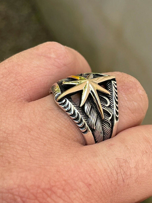 HarlemBling Real 925 Sterling Silver and 10k Gold Mens Nautical Compass Star Ring Sizes 7-13