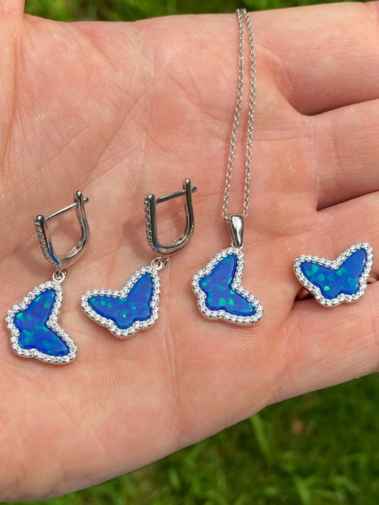 HarlemBling Real 925 Sterling Silver Butterfly Blue Opal Ring Necklace and Earrings Ladies Set