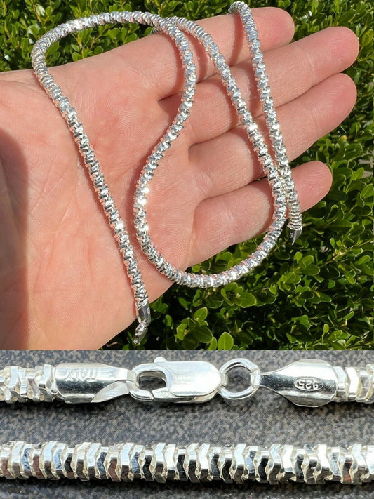 HarlemBling Real 925 Sterling Silver Diamond Cut Sparkle Ice Rope Chain Necklace 4mm 16-30