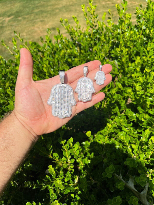 HarlemBling Real 925 Sterling Silver Hand Hamsa Iced Baguette CZ Hip Hop Pendant Necklace