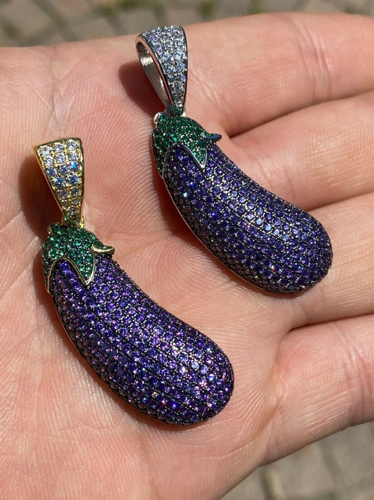 HarlemBling Real 925 Sterling Silver Hip Hop Eggplant Emoji Pendant Necklace Iced 2 Big