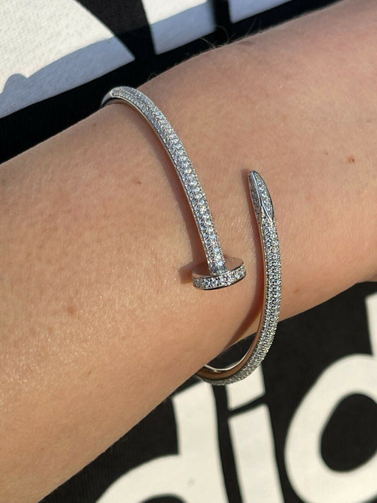 HarlemBling Real 925 Sterling Silver Iced Diamond Nail Bangle Bracelet 6-7.5 Mens Ladies