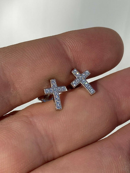 HarlemBling Real 925 Sterling Silver Men Ladies Cross Earrings Screw-back Studs Iced Diamond