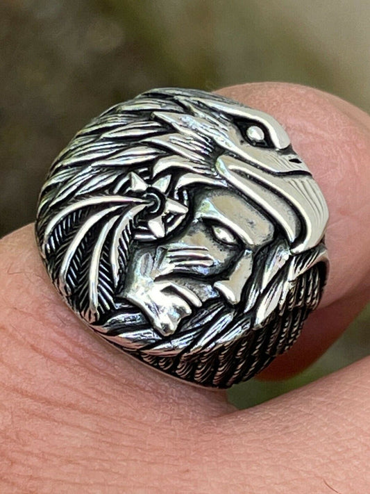 HarlemBling Real 925 Sterling Silver Mens Indian Chief In Eagle Headdress Native American