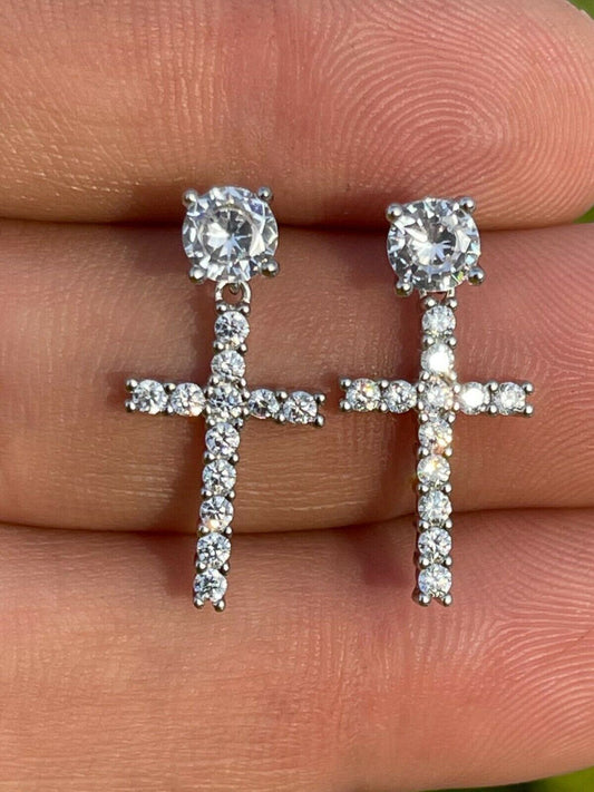 HarlemBling Real 925 Sterling Silver Mens Ladies Dangle Cross Studs Earrings Iced Diamond