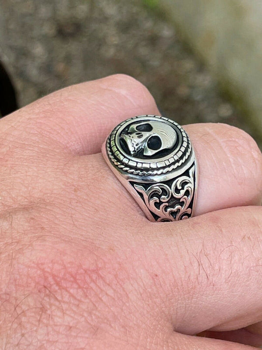 HarlemBling Real 925 Sterling Silver Mens Skull Ring Vintage Oxidized Black Rhodium Sz 7-13